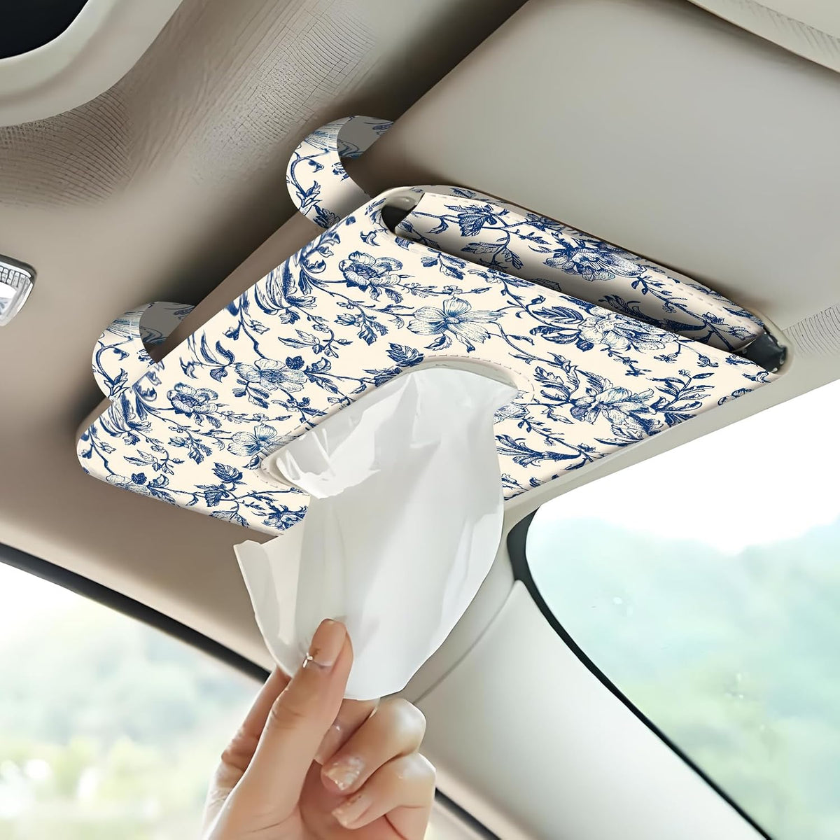 Car Tissue Holder, Cute Sun Visor Napkin Holder Backseat Tissue Case, PU Leather Tissue Box, Funny Car Accessories for Women Men Luxury Blue Flowers