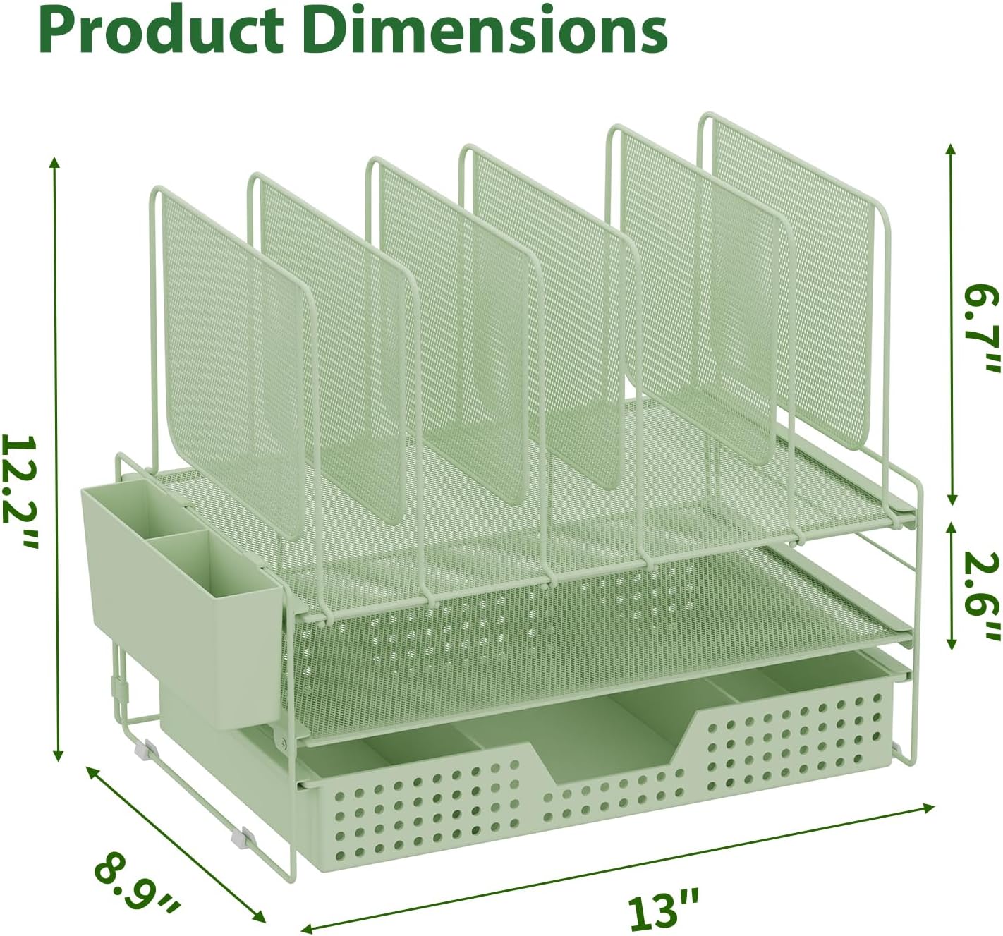 LEKETREE Green Desk Organizer, Office Organization with Vertical File Holder, File Organizer with Drawer and Pen Holder, Desk Accessories and Workspace Organizers for Home Office (Green)