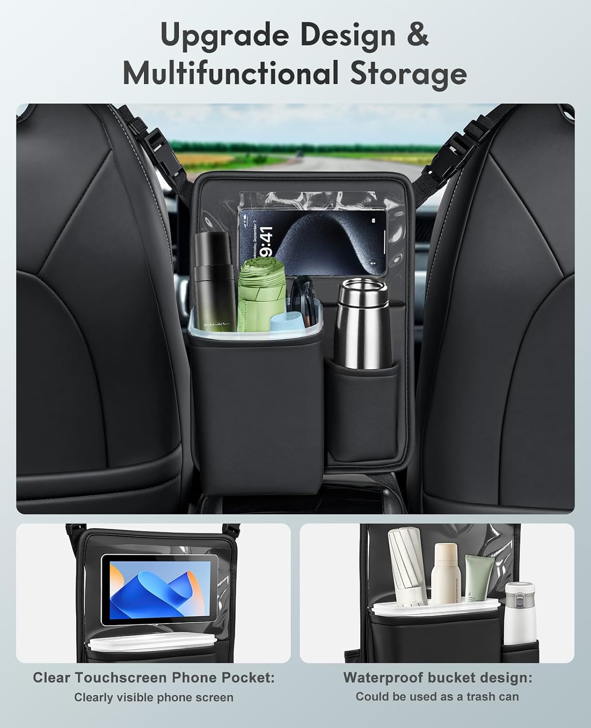 FLORICH Car Organizer Storage Between Seats, Premium Leather Car Mesh Organizer with Waterproof Cup Holder, Car Hanging Storage Bag Pocket Between Seats