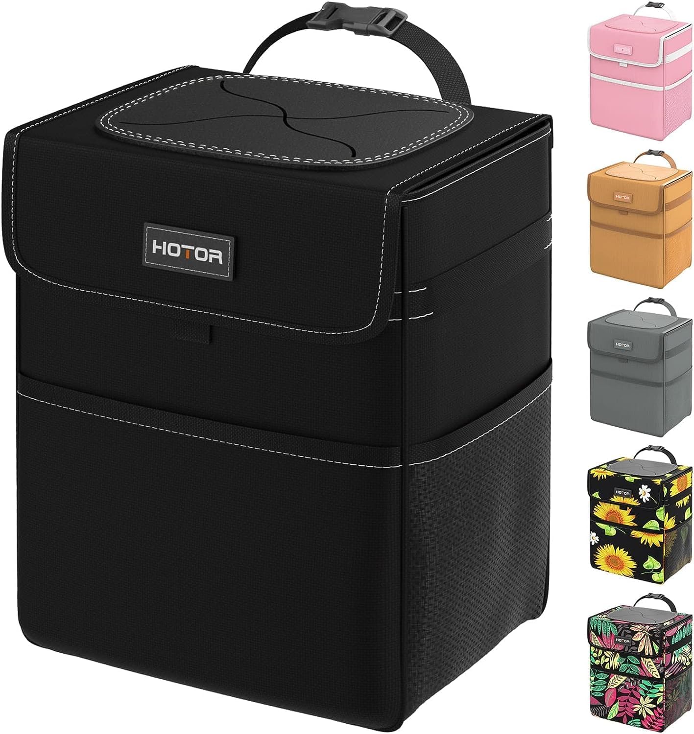 HOTOR Car Trash Can with Lid, Brown Trash Bag Hanging with Storage Pockets, 100% Leak-Proof Garbage Can with Adjustable Straps, Magnetic Snaps, Waterproof Interior Car Bin