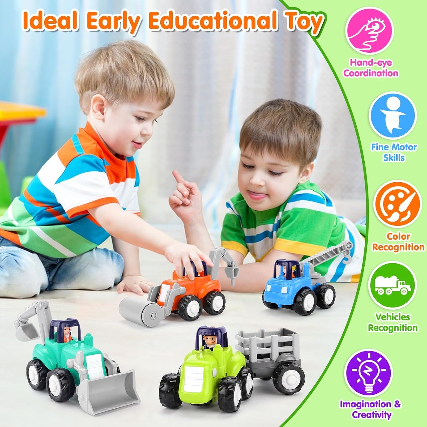 Toddler Toy Car，4PCS Inertia Toy Push and Go Cars，Toys for 2 Year Old Boy | Friction Powered Cars，Birthday & Christmas Gift for Boy and Girl，Construction Truck，Kids Outdoor & Indoor Toys