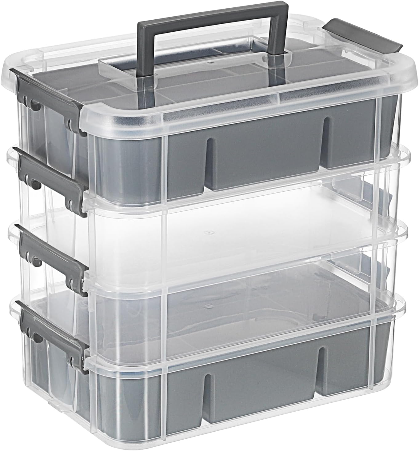 JUXYES 4-Tiers Plastic Stack Carry Storage Containers Box wih Handle Lids | Clear Stackable Latching Storage Bin With 2 Tray for School Office, Organizing Sewing, Art Craft, DIY Supplies, Gray