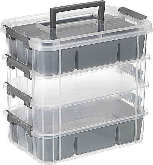JUXYES 4-Tiers Plastic Stack Carry Storage Containers Box wih Handle Lids | Clear Stackable Latching Storage Bin With 2 Tray for School Office, Organizing Sewing, Art Craft, DIY Supplies, Gray