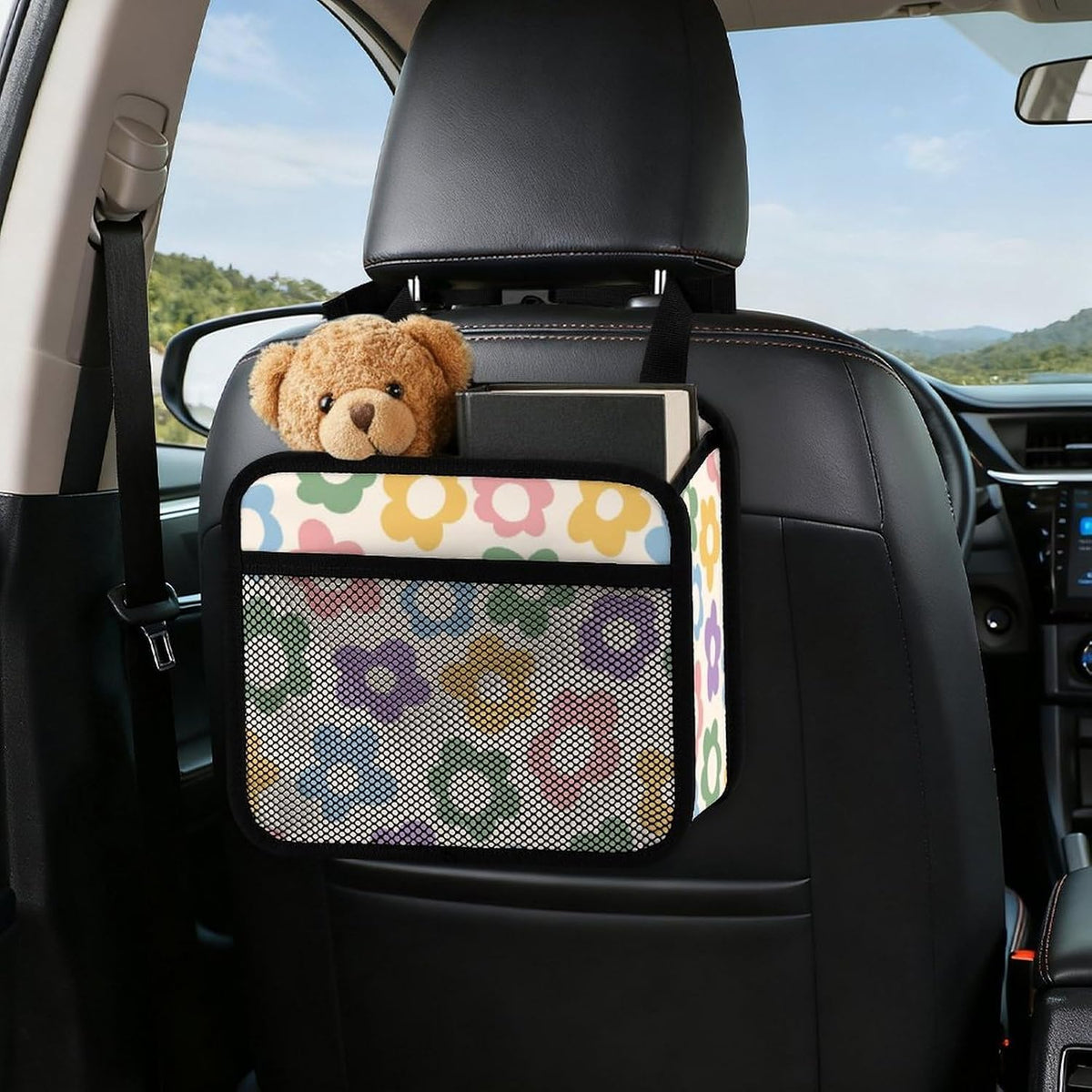 Car Backseat Organizer - Cute Aesthetic Car Storage Bin with Mesh Pocket & Reinforced Base - Universal Fit Hanging Seat Back Accessories for Women (Pastel)