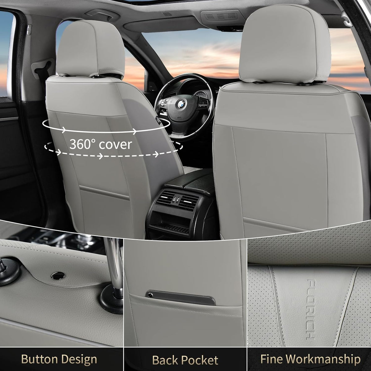 FLORICH Seat Covers, Car Seat Covers Front Seats Faux Leather Automotive Seat Covers Luxury Waterproof Car Seat Cover Protectors Universal Fit for Most Cars SUV Trucks, Gray