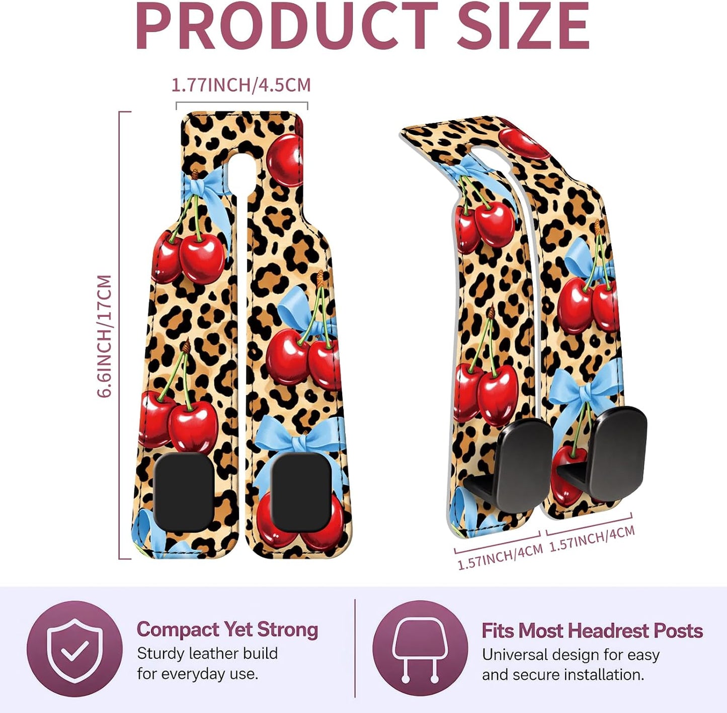 Car Seat Back Storage Hook, Funny Car Purse Hook, Cute Vehicle Storage Organizer for Purses Handbags Cute Leopard Bowtie Cherry