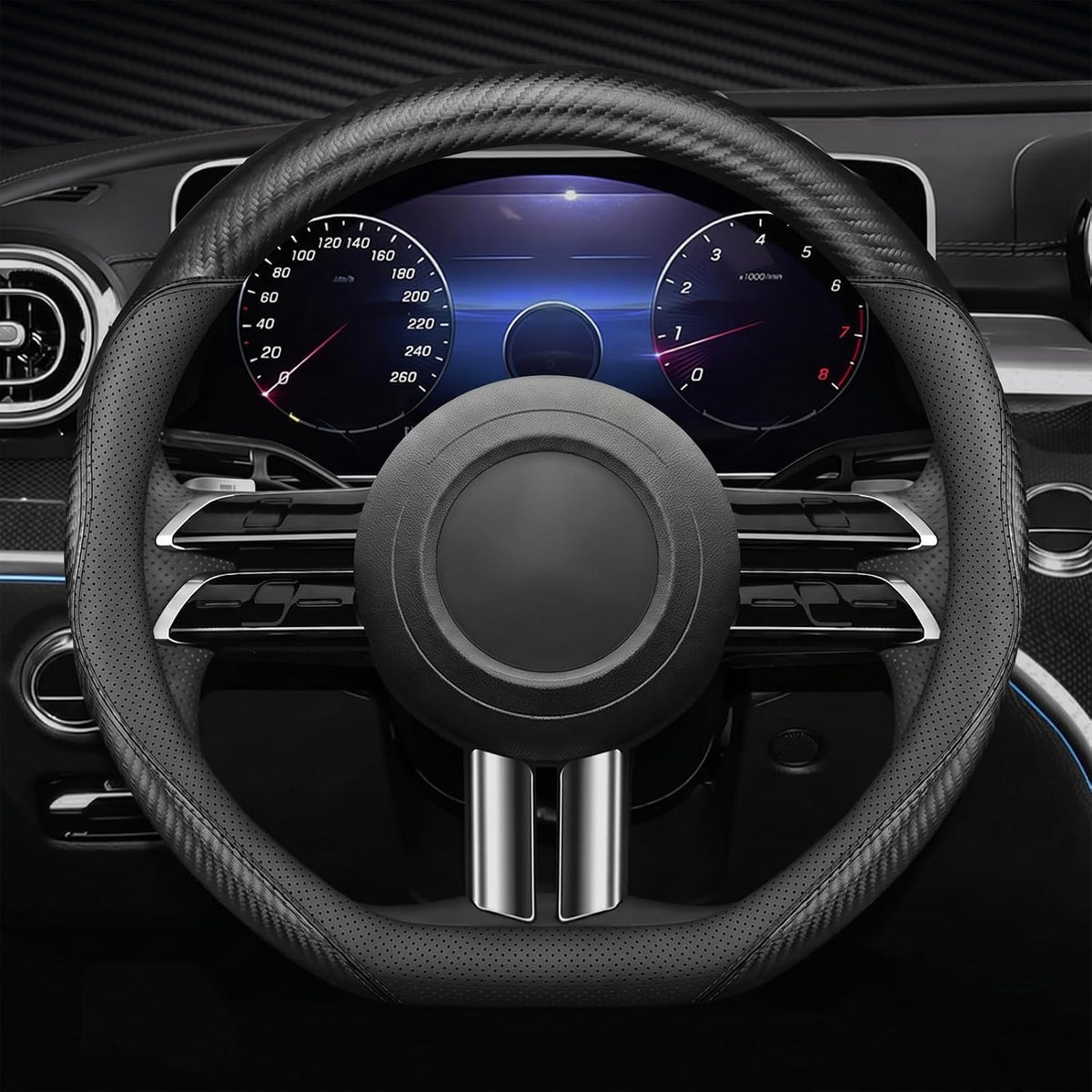 Microfiber Leather Steering Wheel Cover, Round Carbon Fiber Black Wire Trim, Leather Cover with Anti-Slip Lining, Universal 14.5"-15" Auto Accessory (Black)