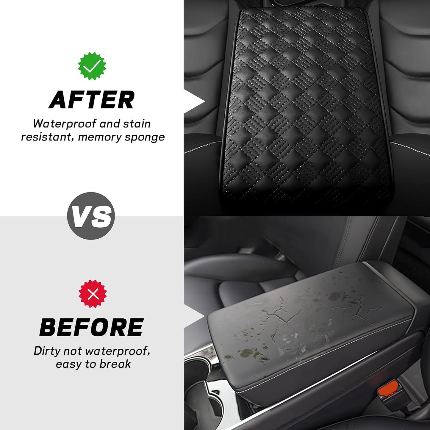 Car Armrest Cushion, 12.2"×8.3" Leather Auto Memory Foam Center Console Pad with Storage Pocket, Waterproof & Anti-Scratch Elbow Pillow Armrest Seat Box Protector, Universal Fit (Black)