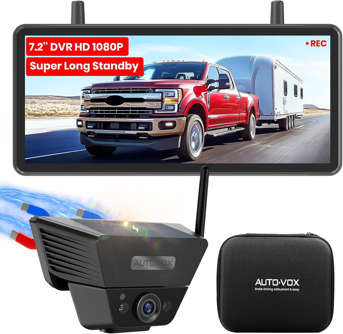 AUTO VOX Wireless Backup Camera Solar Magnetic, 7.2" DVR 1080P Monitor