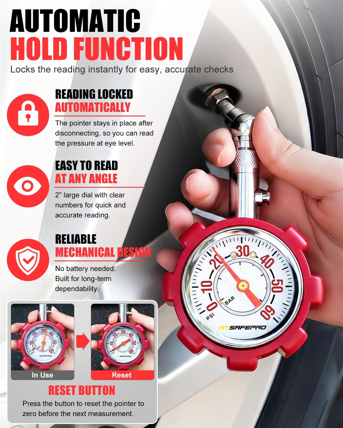 Tire Pressure Gauge 5-60 PSI, Analog 2" Dial, ANSI B40.1,Hold Function
