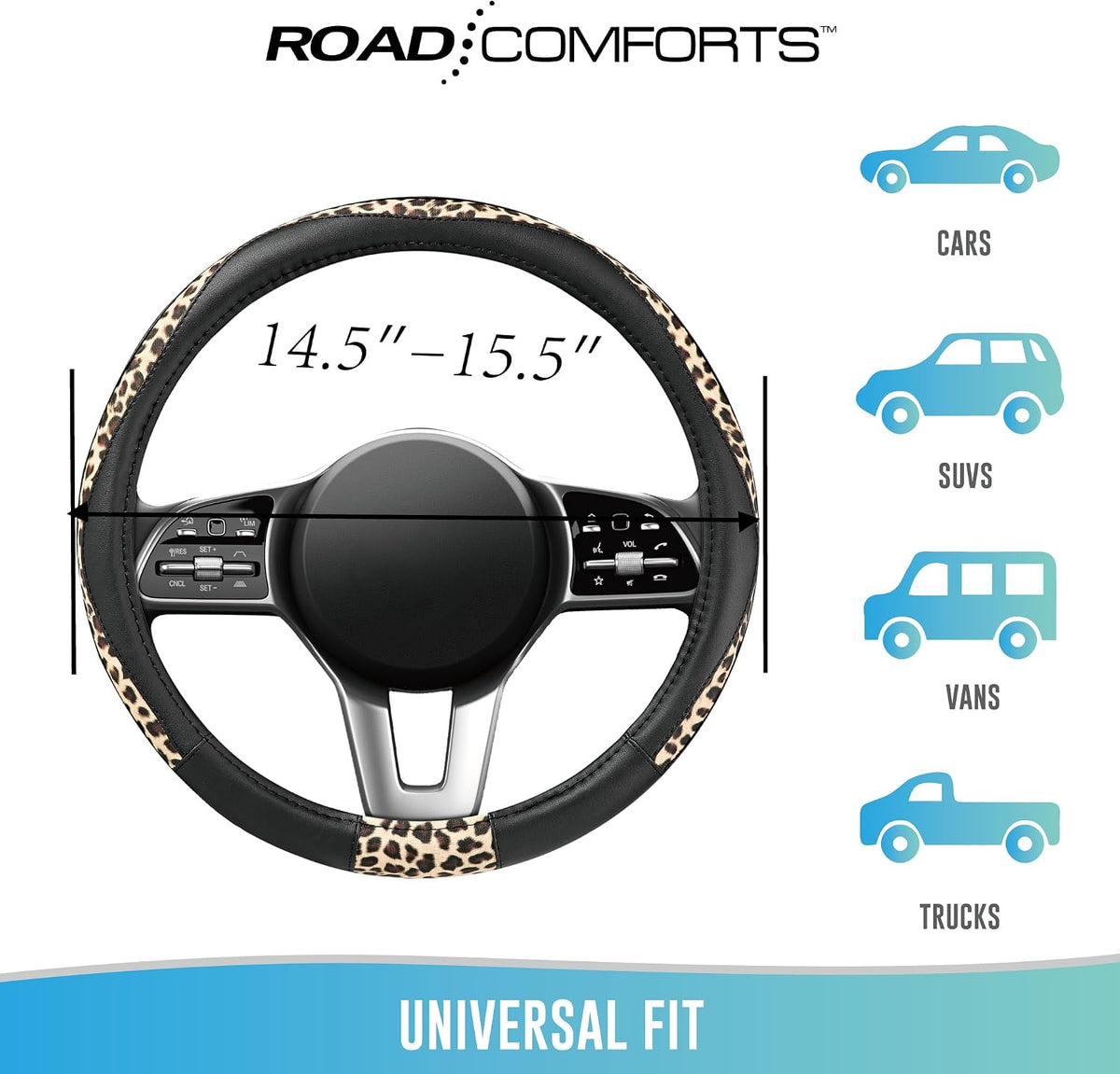 Road Comforts Steering Wheel Cover - Made with PVC Leather and Leopard Fabric - Universal 14 1/2 inches to 15 inches for Most Automotive Steering Wheel - Cheetah Print - Black