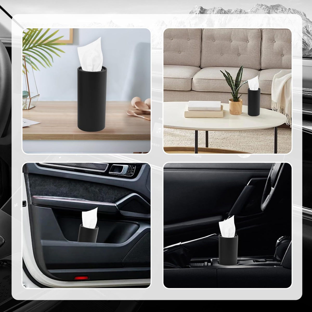 4PCS Pull Out Cars Tissue Holder,Refillable Car Tissues Cylinder with 30-Count Per Box,Multifunctional Car Tissue Box for Cars as Automotive Garbage Cans/Pen Holders (Black)