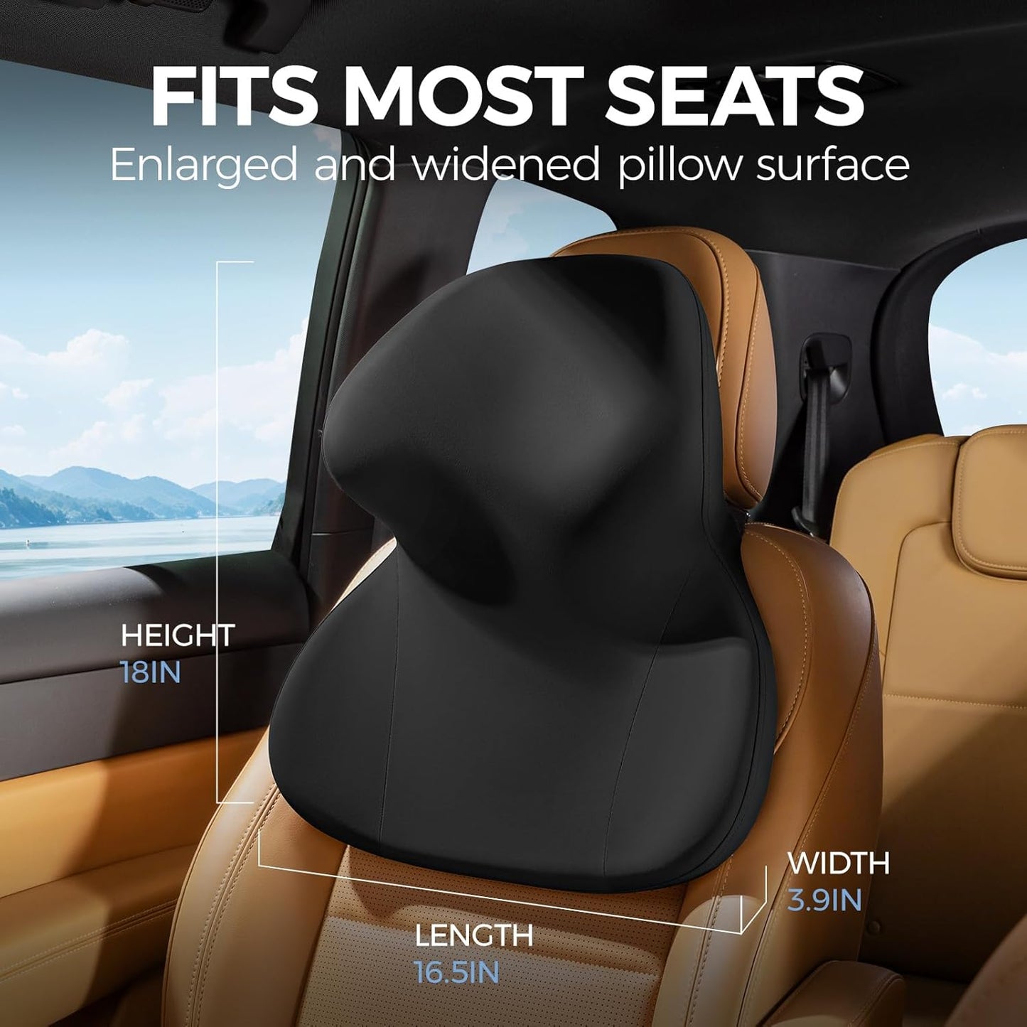 BEBAS Car Headrest Pillow, Ergonomic Neck Pillow with Memory Foam, Enlarged Surface for Head Neck Shoulder Support, Breathable Removeable Car Seat Pillow for Pain Relief(Black, 1 Pack)