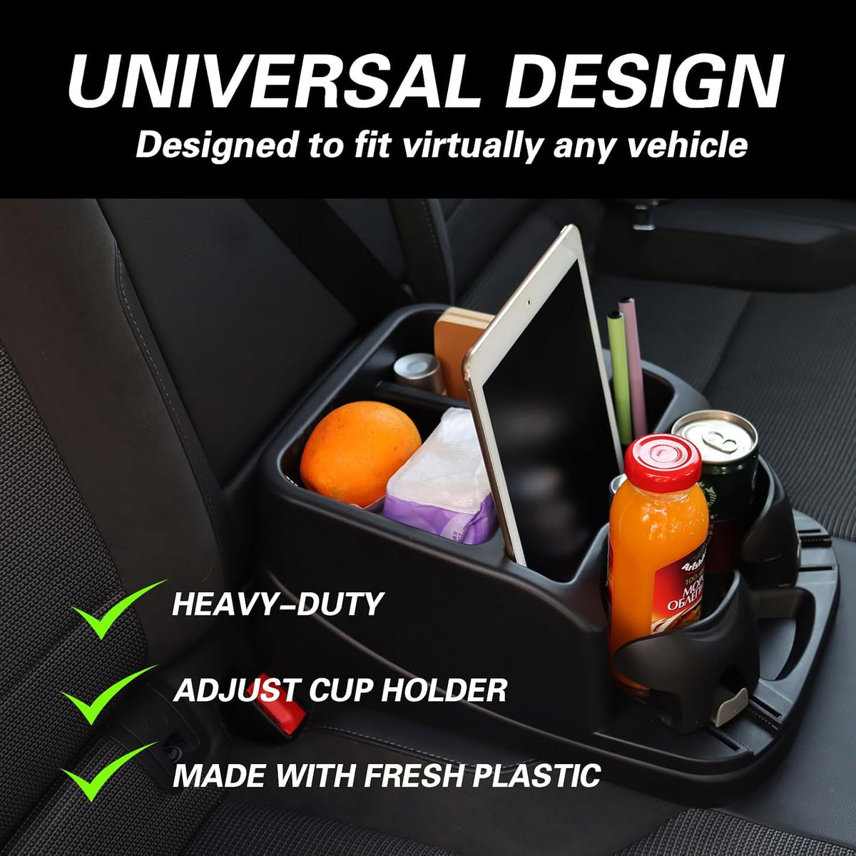 Center Console Organizer,Automotive Consoles Organizers and Storage with 2 Adjustable Cup Holders,Back Bench and Front Seat or Floor Middle Console Universal for Car Truck RV Van SUV (Black)