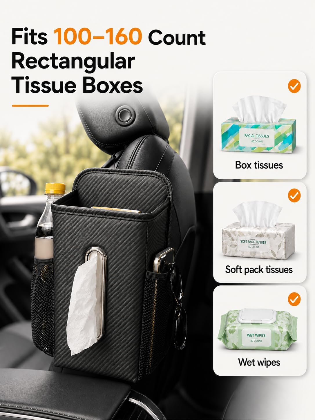 Leather Car Tissue Holder for Front & Back Seats, Car Tissue Box with 2 Side Mesh Pockets, Wide Metal Opening for Easy Pull, Fits 100–160 Count Rectangular Tissue Boxes, Carbon Fiber