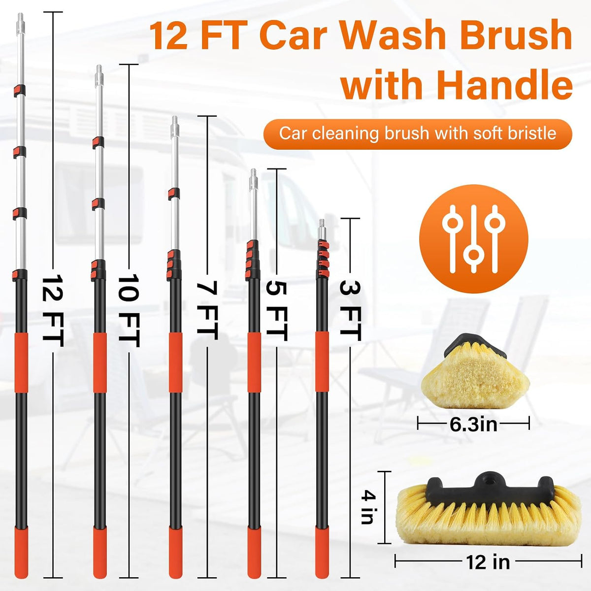 12FT Car Wash Brush with Long Handle,Car Clean Kit with 12in Soft Brush