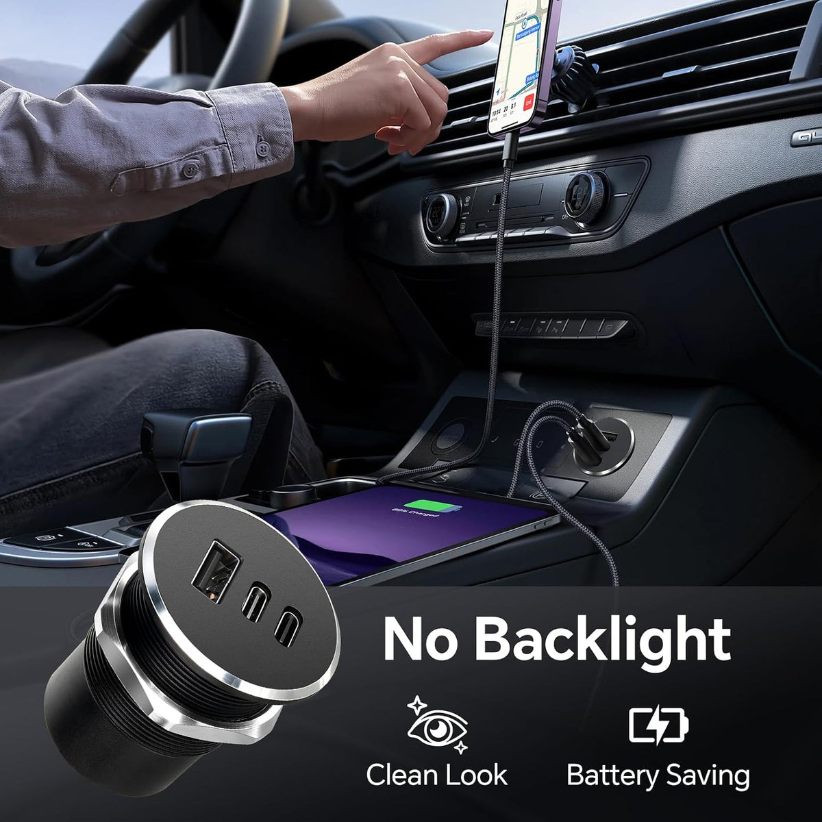 78W 12V USB Outlet with Silver Ring, Aluminum Car USB C Socket