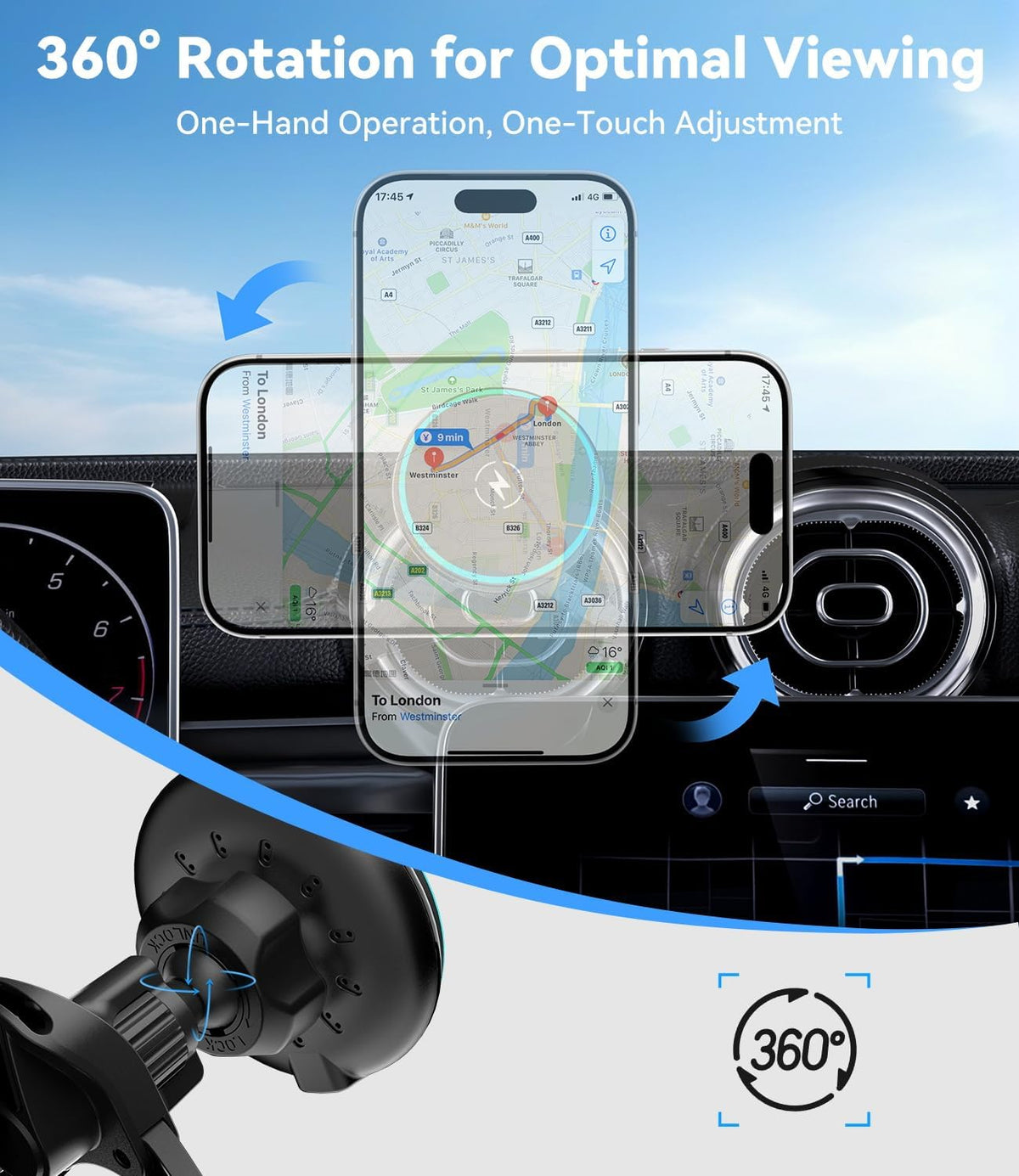 CloudValley 15W Charger Air Vent Car Mount for Mercedes Benz A/B/C/E/V/G/Class & Audi A1/A2/A3, Magnetic Wireless Charging Phone Holder for iPhone 17 Pro Max 16 15 14 13 12, Compatible with Magsafe