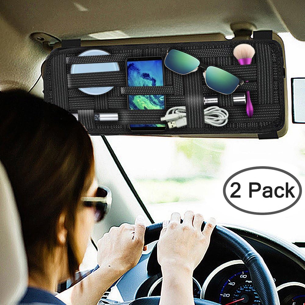 SourceTon 2 Packs Car Sun Visor Organizer, Car Visor Storage Anti-Slip Elastic Woven Board for Sunglass Holder Parking Fuel Card Digital Accessories