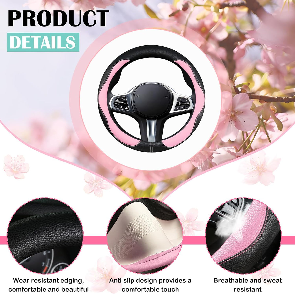 SuperKaKa Car Steering Wheel Cover 2025, Universal Auto PU Cute Breathable Slip-Proof Comfort Imitation Leather Protector Cars Interior Accessories for Women Men Fit Most Vehicle (Pink)