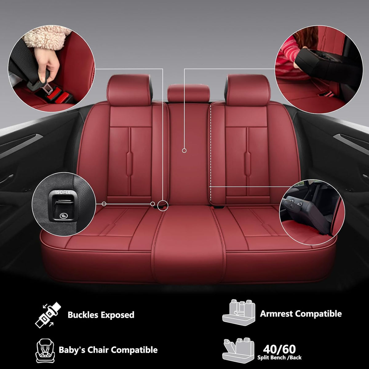 NS YOLO Universal Fit Premium Wine Red Leather 5-Seats Car Seat Covers