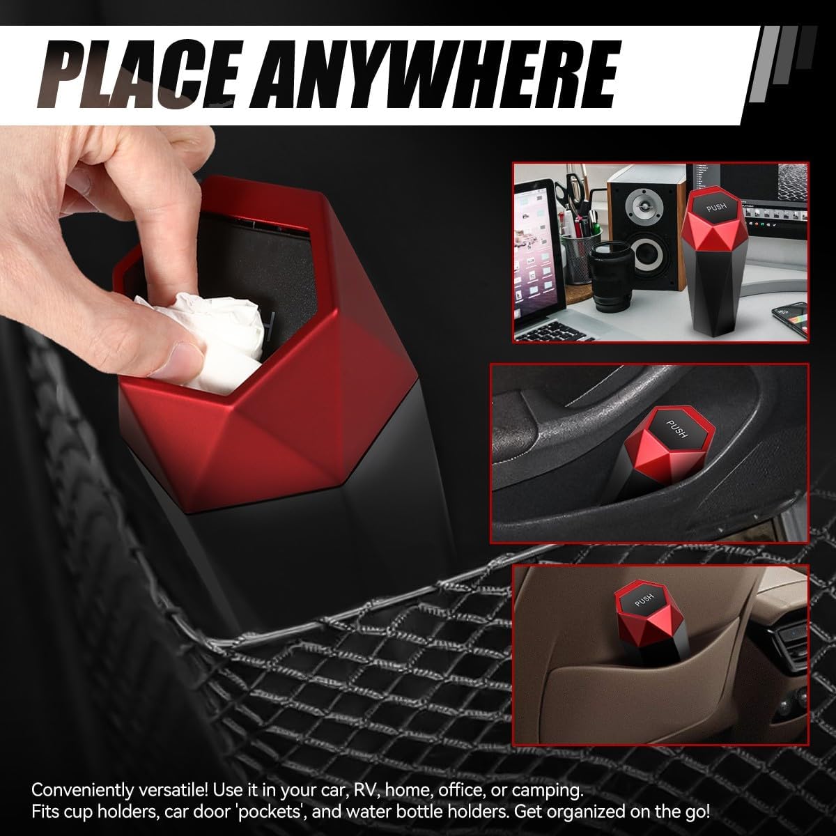 Auto Dynasty Car Trash Can with Lid, Red Car Garbage Can Cup Holder for Interior, 2 Pack Mini Leakproof Garbage Can, Multipurpose Storage Organizer for Vehicle Home Office