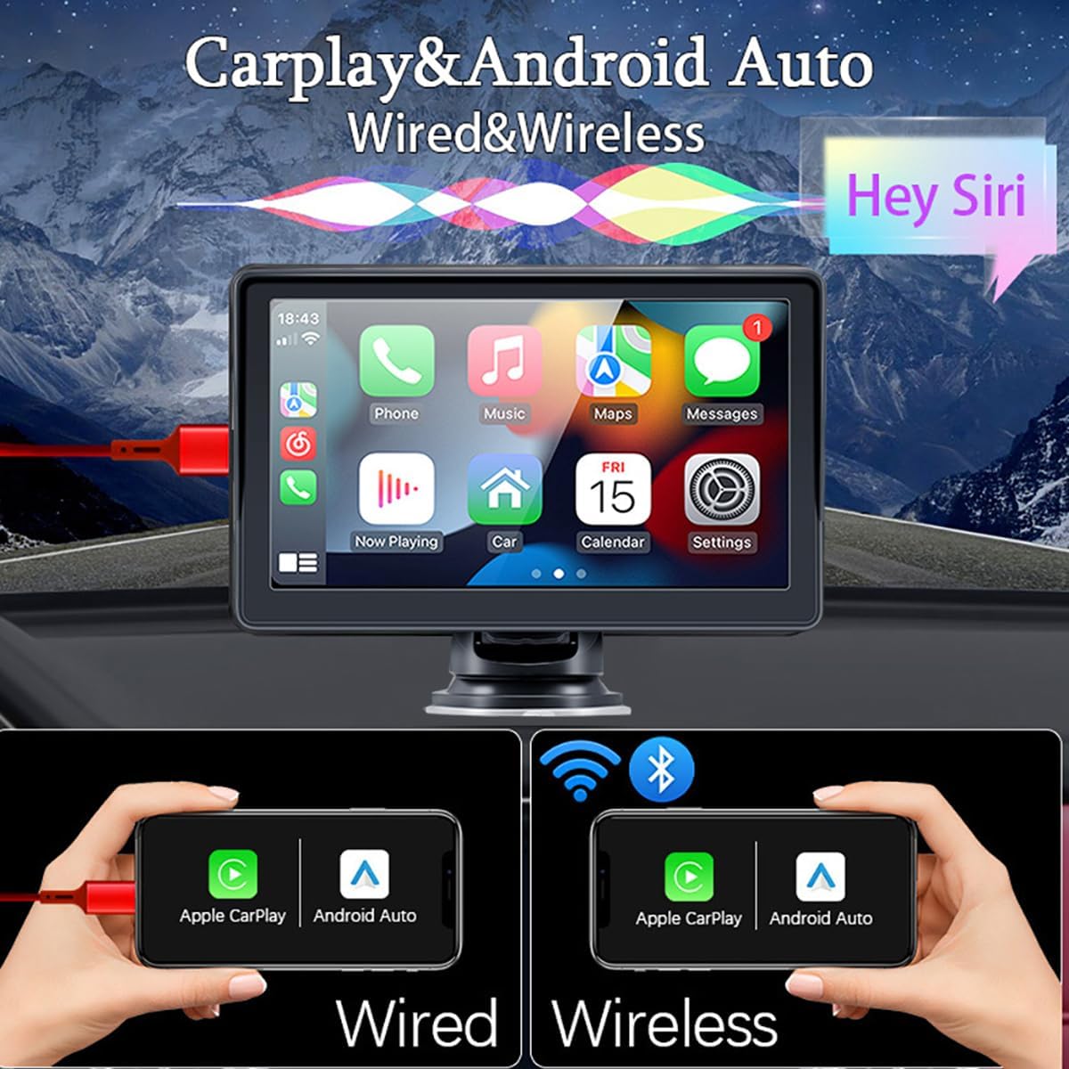Portable Wireless Apple CarPlay and Android Auto Car Radio, 7 inch Touchscreen Bluetooth Hands Free Call Car Stereo, Mirror Link/AUX/FM Transmitter for All Vehicle&Truck Dash or Windshield Mounted