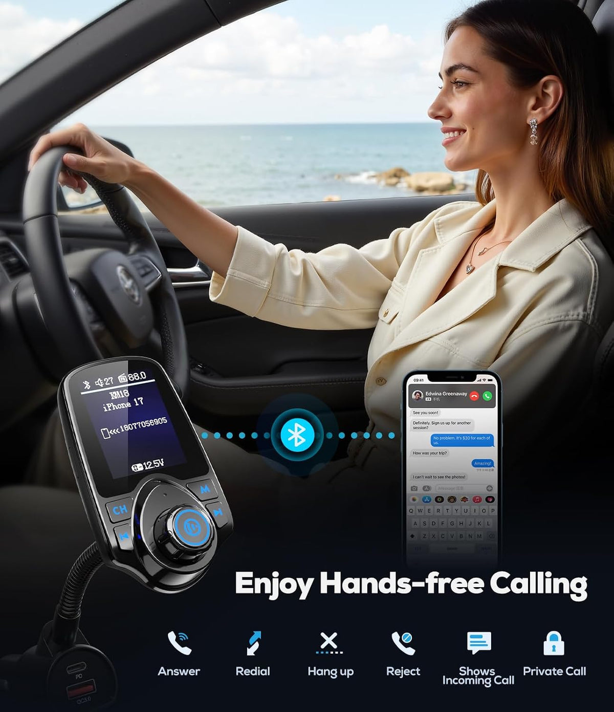 Nulaxy 1.8" Color Screen 48W Bluetooth 5.4 Car Adapter FM Transmitter