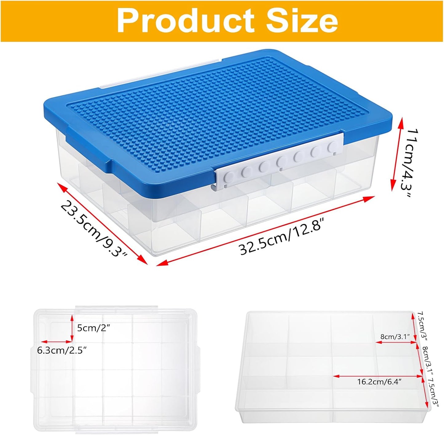 Plastic Organizer Bins for Blocks, Blocks Storage Container with Baseplate Lid Removable Tray, Stackable Double Layer 30 Slots Clear Storage Box Organizer for Bricks, Crafts, Beads(Blue)