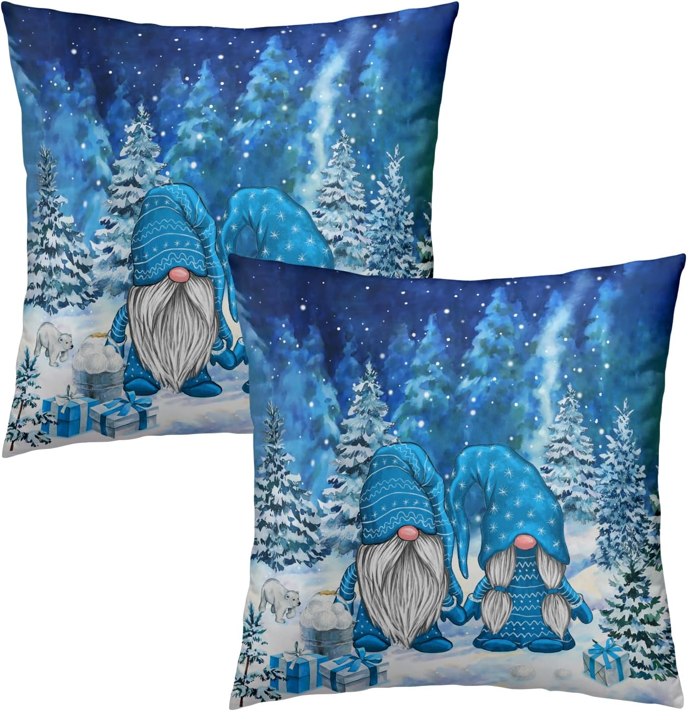 Giwawa Winter Blue Gnome Throw Pillow Covers 18x18 Inch Pine Tree Pillowcases Set of 2 Square Seasonal Cushion Cases for Bed Couch Car Home Decor