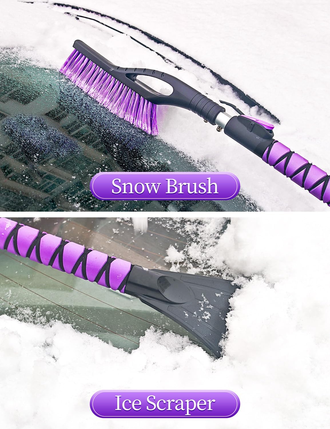 HEEYA Ice Scraper and Brush for Car, Extendable Snow Brush and Ice Scraper for Car Windshield Window, Car Snow Scraper and Brush with Foam Grip for SUV Truck Automobile Vehicle - Purple
