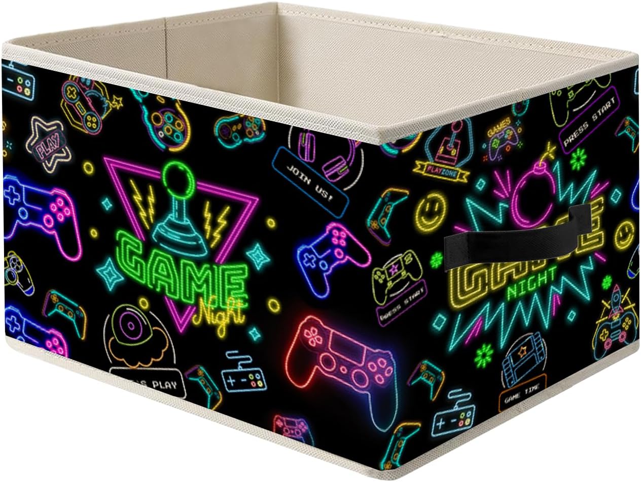 Neon Gamer Storage Bin Box with Handles, Gaming Room Foldable Organizer Basket Toybox for Teen Boys Room Bedroom Playroom Bathroom Clothes Toys Books