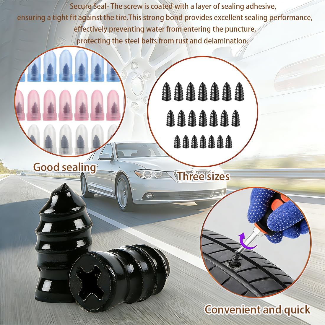 100PCS tire Repair Rubber Nail kit,Fix Without Tire Removal,Three Sizes tire Screw Plugs Tread Repair for Car,Truck,Motorcycle,SUV,Includes Tools Portable Case.