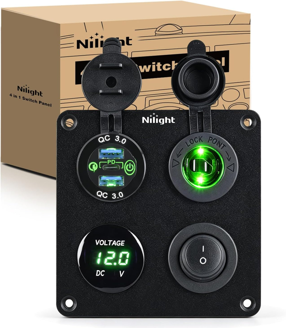 Nilight 4 in 1 Toggle Switch Panel Green Power Outlet USB Charger Voltmeter