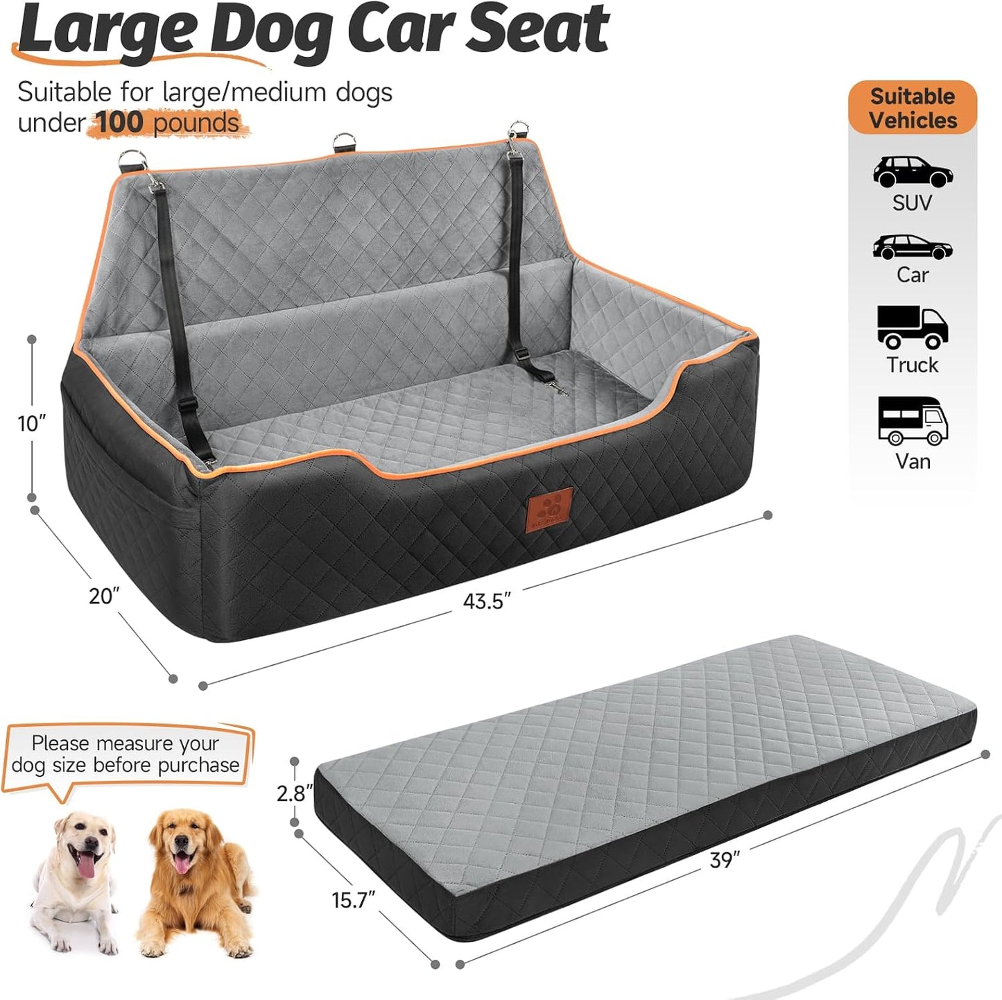 XIEEAOZEE Large Dog Car Seat, Memory Foam Dog Car Bed for Backseat & Trunk, Washable Pet Booster Seat Under 100 lbs or 2 Medium Dogs, Pet Travel Seat with Storage Pockets, 2 Safety Belts