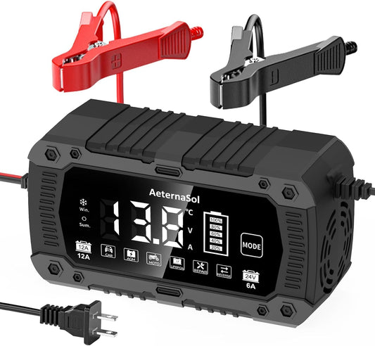 12A Smart Car Battery Charger, 12V/24V Battery Maintainer Charger (Black)