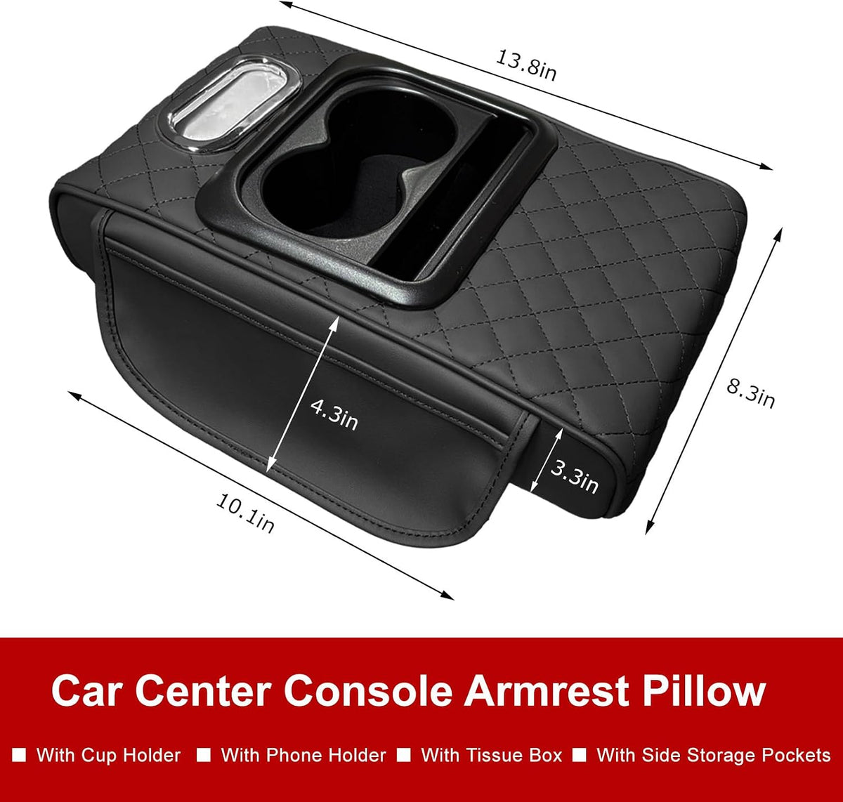 Car Center Console Armrest Pillow, Waterproof Arm Rest Cover with 2 Side Bags, Tissue Box, Phone & Cup Holder, 5-in-1 Leather Armrest Pad Interior Organizer for Most Cars (Embroidered, Black)