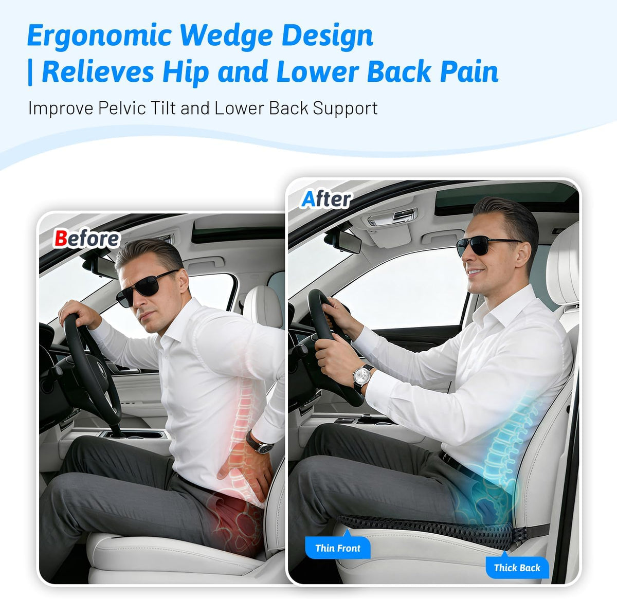 Wedge Car Seat Cushion for Driving for Better Visibility & Sciatica Relief