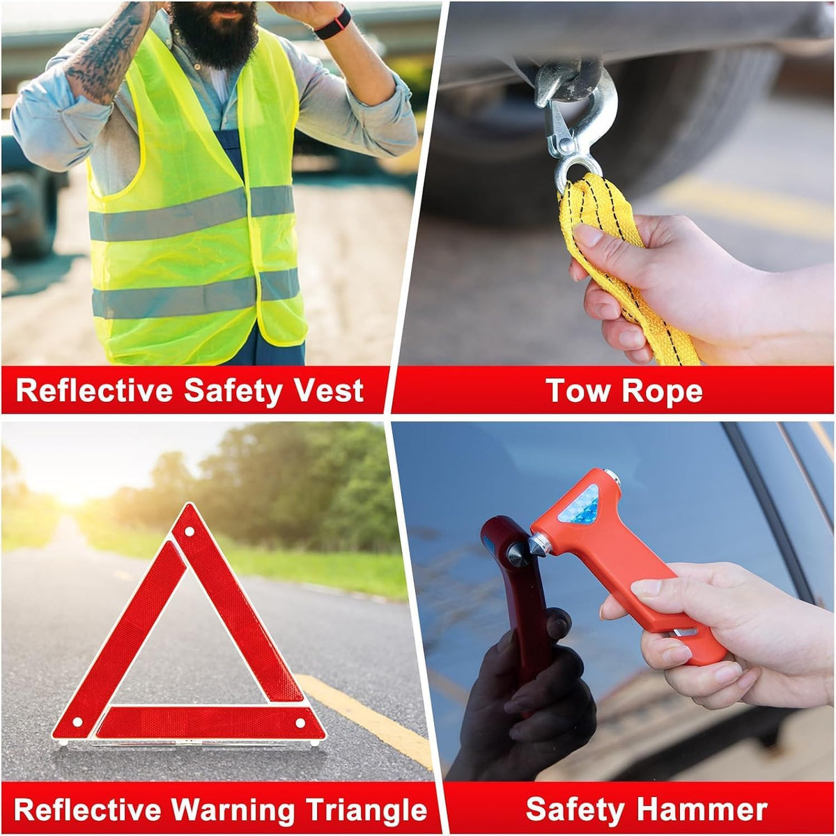 Car Roadside Emergency Kit with Jumper Cables, Shovel, 10-in-1 Tool Set