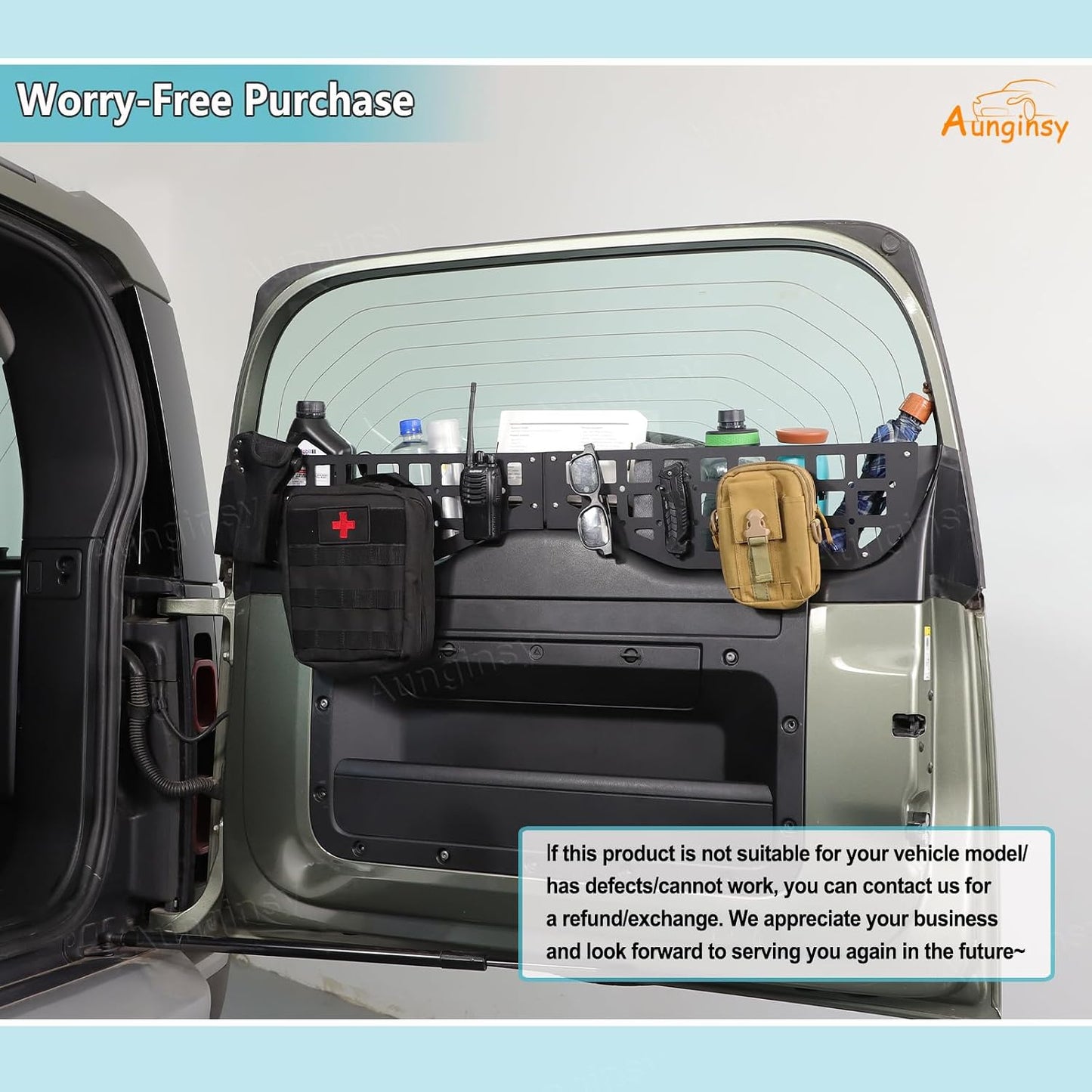 Car Rear Tailgate Window Molle Storage Panel Shelf Compatible with Land Rover Defender 90/110/130 2020-2025 2026, Rear Trunk Door Window Organizer Storage Bracket Cargo Rack Modular System Accessories