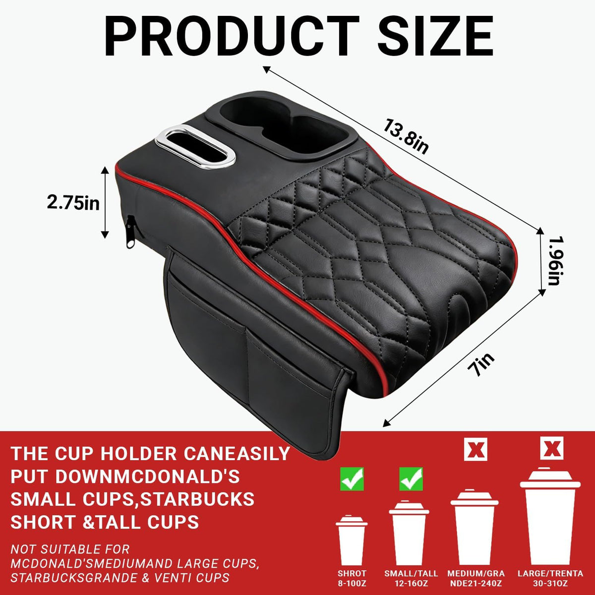 Upgraded Car Center Console Cover,PU Leather Car Armrest Cover Cushion Contains High Elasticity Sponge with Cup Holder,2 Storage Bags Tissue Box (Black-B)