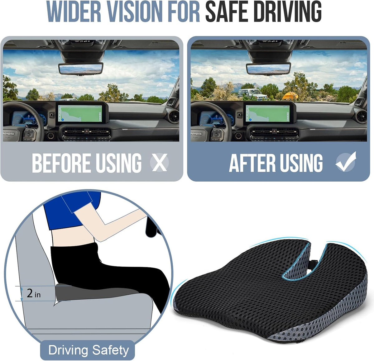 Car Seat Cushion for Driving, Memory Foam Wedge Booster for Adults