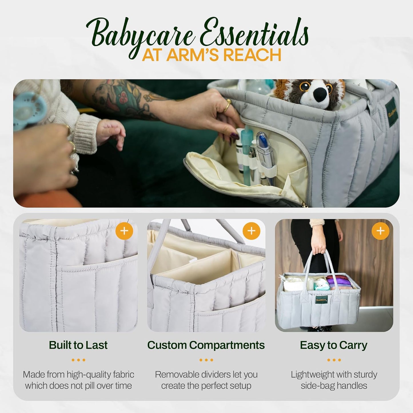 Large Diaper Caddy Organizer with Handle – Baby Basket for Nursery, Car, and Changing Table – Portable Baby Storage with Compartments – Perfect for New Parents and Baby Shower Gifts (Gray)