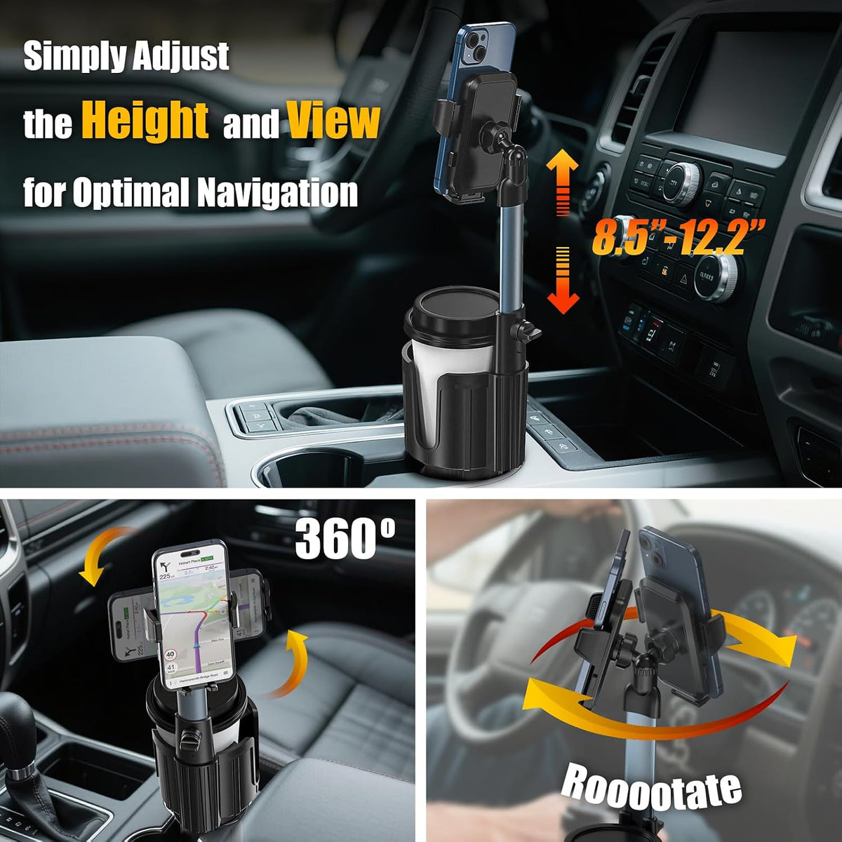 2-in-1 Cup Holder Phone Mount for Car - Upgraded Anti Shake