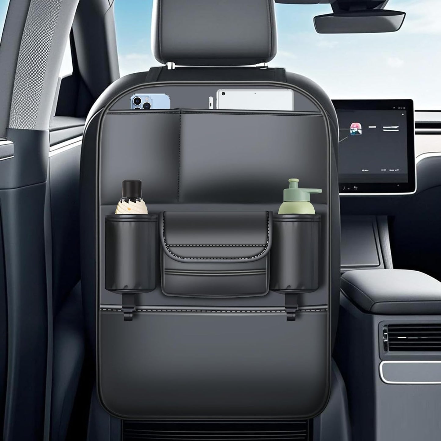 Backseat Car Organizer Leather Back of Seat Car Organizers for Kids Drivers Waterproof Kick Mats Seat Back Protector with Large Capacity 6 Storage Pockets
