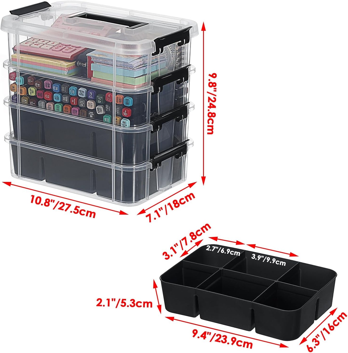 JUXYES 4-Tiers Plastic Stack Carry Storage Containers Box wih Handle Lids | Clear Stackable Latching Storage Bin With 2 Tray for School Office, Organizing Sewing, Art Craft, DIY Supplies, Black