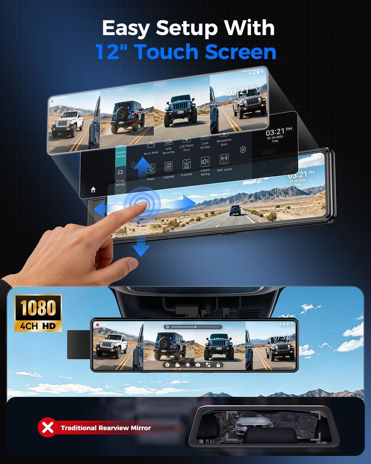 12'' Rear View Mirror Camera,4 Channel Mirror Dash Cam Detached Camera for Cars，1080P Front Rear Left Right Dash Camera for Car with 128GB Card, Night Vision, G-Sensor