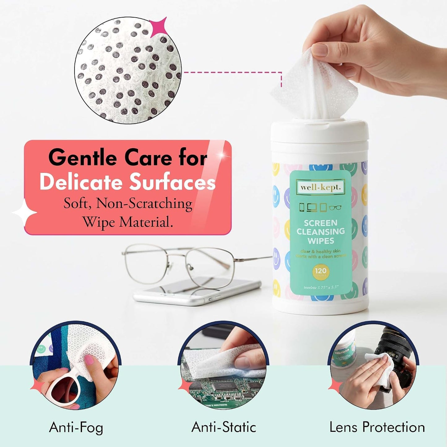 Well-Kept Tech & Lens Wipes - Eyeglass, Screen & Phone Cleaning, Multi-Surface, Lint-Free, Pre Moistened, Streak-Free & Non Scratching - NEW Size - All Smiles Canister, (120 Count)
