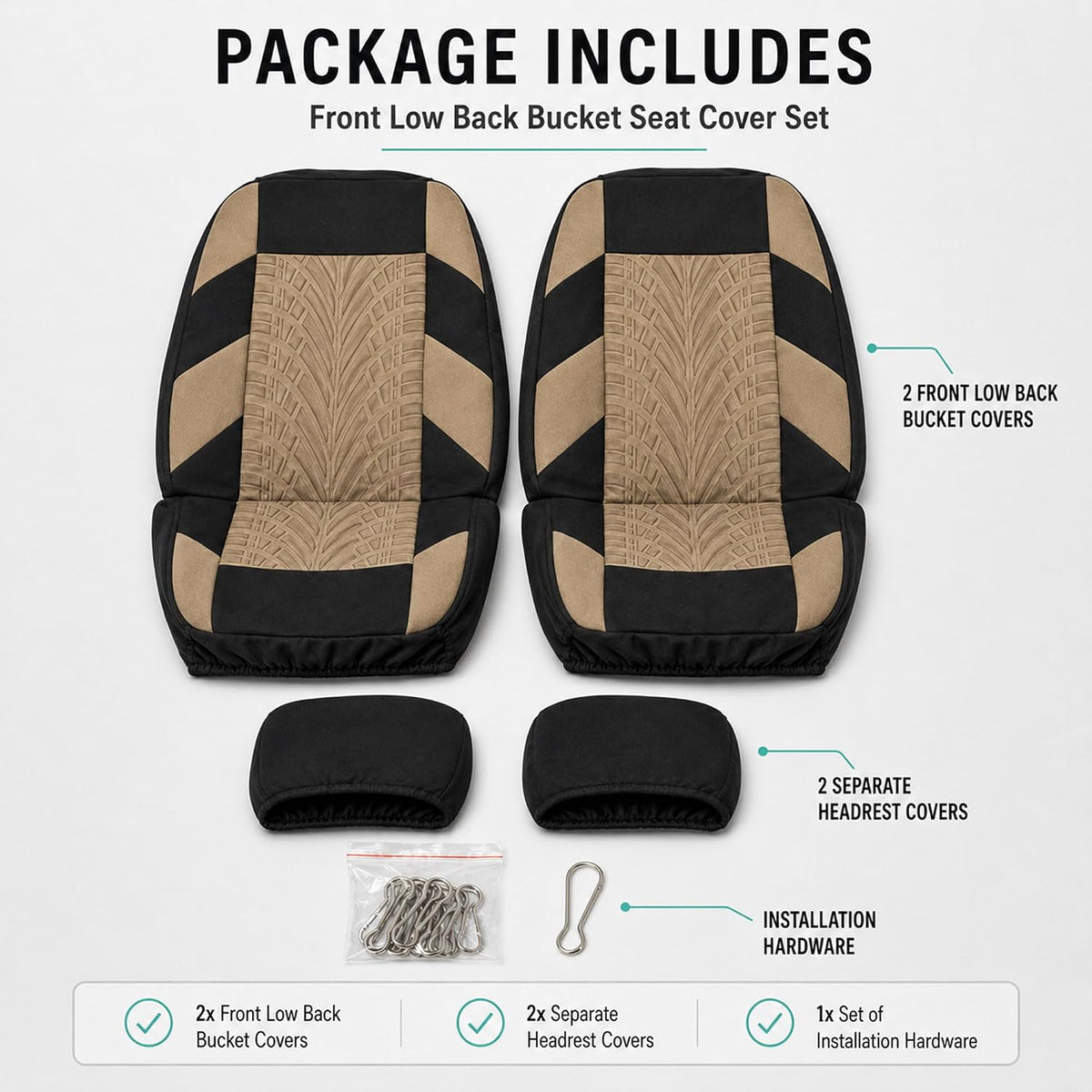 FH Group Front Set Travel Master Car Seat Covers - Covers for Low Back Car Seats with Removable Headrest, Universal Fit, Automotive Seat Cover, Airbag Compatible Car Seat Cover for SUV, Sedan Beige
