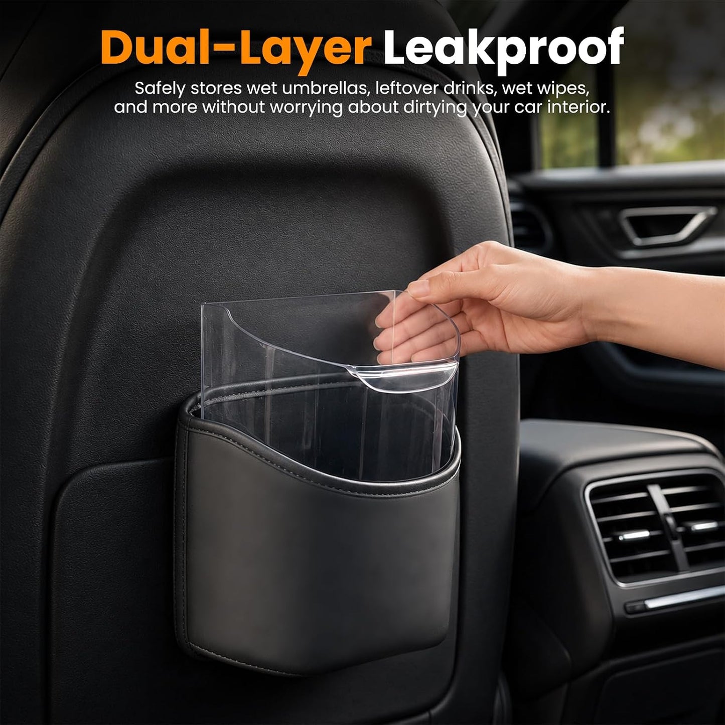 Car Trash Can,Double-Layer Car Grabage Can with Hanging Clips,Leakproof Leather Automotive Trash Bin,Portable & Multi-Purpose Vehicle Garbage Cans for SUV,Truck,Cars Door & Seatback (Black)